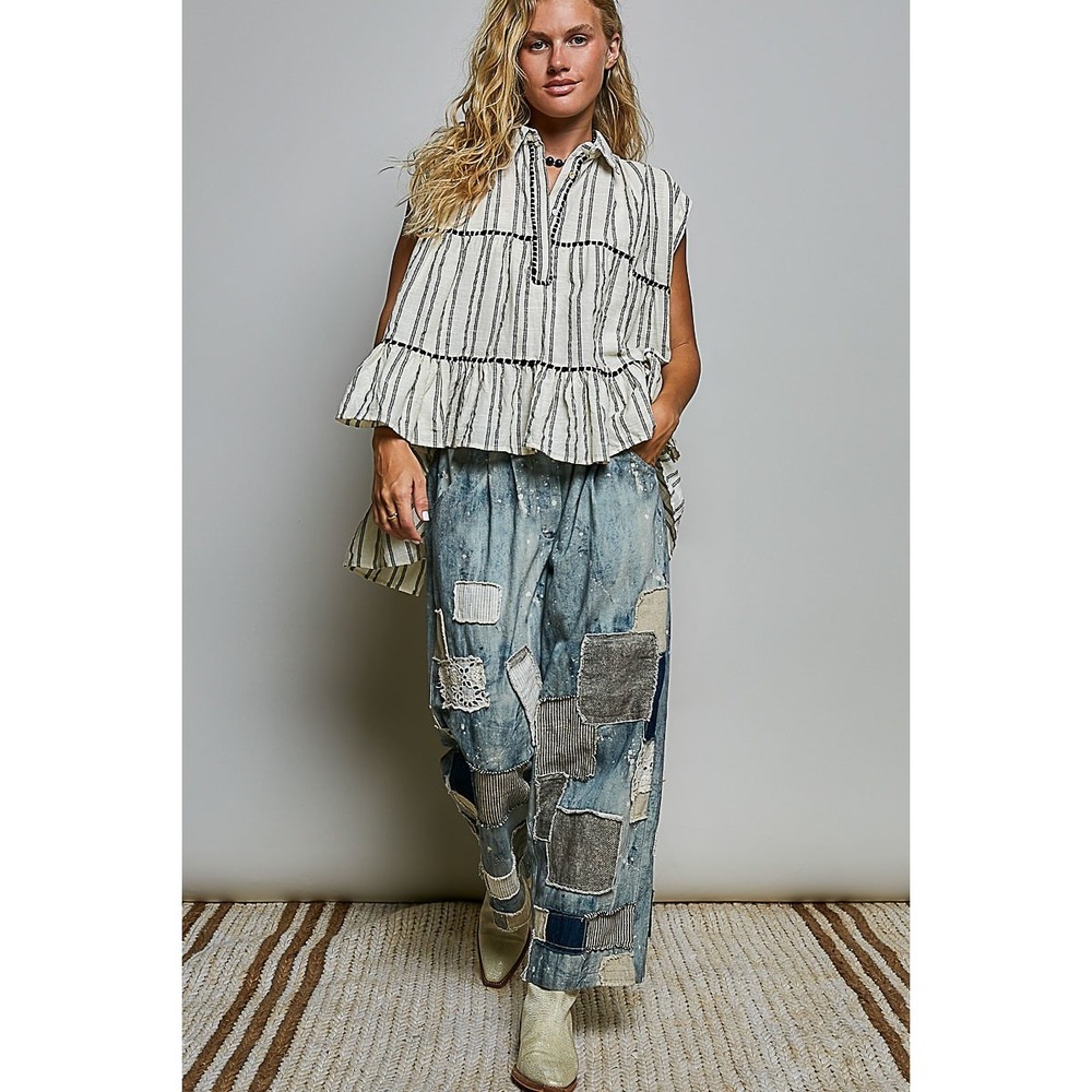 POL Striped Ruffle Collared Sleeveless Cotton Top - Grey - Medium - Picture 5 of 6
